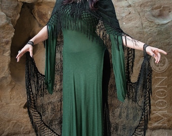 Specialty: The "Morticia" Hooded Black Lace Cape with Long Fringe Trim by Opal Moon Designs (One Size)