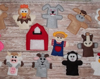 Old MacDonald Finger Puppet Set Party Favors Farmer and 13 Animal Finger Puppets Shown and his Barn not finger Puppet about 3.75' tall
