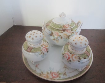 Vintage Handpainted Nippon Sugar Bowl, Salt and Pepper Shakers with Matching Tray