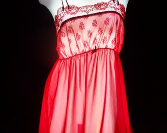 lorraine nightgown vintage peignoir gown robe cherry red nylon lace chiffon sheer 70s lingerie size medium m med sleepwear intimates silky