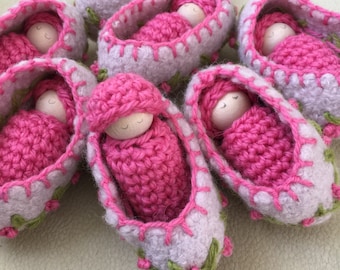 Peg doll in wool cradle Waldorf toy baby doll in cradle ready to ship pink