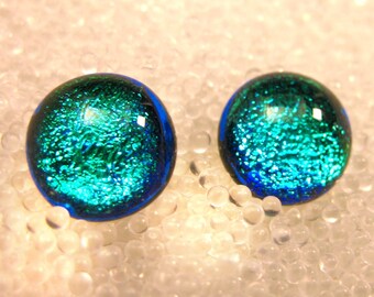 Dichroic Fused Glass Post Earrings, Sparkling Teal, Turquoise Green Studs, Nickle Free Hypoallergenic Stud Earrings
