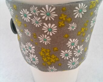 Coffee Cozy, Coffee sleeve, Coffee Cup Cozy, Daisy's Coffee Cozy, Gray Coffee Cup Cozies, Fabric Coffee Cozy, Daisy's Floral Coffee Cozy,