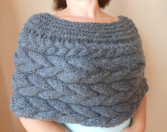 Cable Knitted Shawl Capelet Wedding Shrug Poncho Neck Warmer Dark Grey