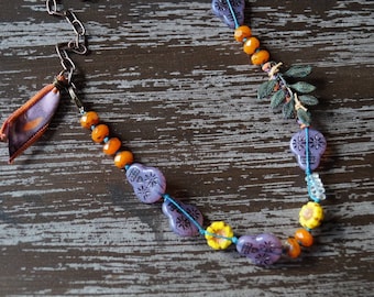Unlisted - Skull Necklace - Bright Colors - Leaf - Festive Fall Jewelry - Boho Knotted Necklace - Purple and Orange - Bead Soup Jewelry
