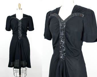 Vintage 1930s dress . Flirting with Danger . 30s / 1940s black rayon dress with sequins . md / medium