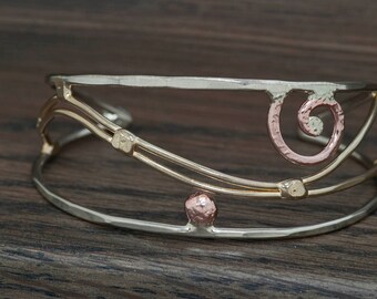 Mixed metal bracelet, cuff bracelet, bronze, copper, nickel silver, sterling silver large size