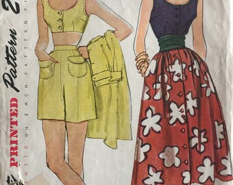 Vintage Sewing Pattern Simplicity Pattern #3239 50s Misses' Bare Shoulder Blouse and Bra Top, Shorts and Skirt Size 18 ©1950