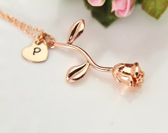 Rose Necklace, Rose Gold Initial Necklace, Rose Gold Rose Charm, Flower Charm, Garden Gift
