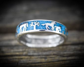Sterling silver storytelling scenic horse ring with inlaid crushed Turquoise Size - 5.5 through 15 (Half Sizes available)