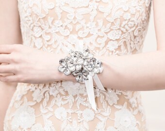 Wrist Corsage Silver, Wedding Wrist Corsage - Raina Corsage - Flower Corsage w/ Custom Ribbon & Band, Silver Crystal, Prom Corsages