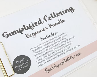 Digital Download Simplified Lettering Worksheet Bundle Upper & Lower Case w/Practice Words and Drills - Printable Lettering Practice Sheets