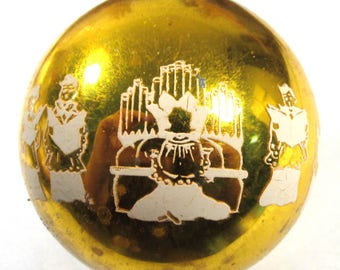 VINTAGE Glass Christmas Ornament Made in USA Gold/Yellow Choir Singing with Organ Player Christmas Tree Ornament Glass Xmas Ornament (D225)
