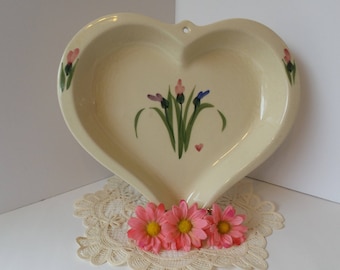 Vintage HEART Shaped STONEWARE DISH, Handpainted Hearts and Tulips Dish, Farmhouse Style, Valentine Day Decor, Stoneware Serving Dish