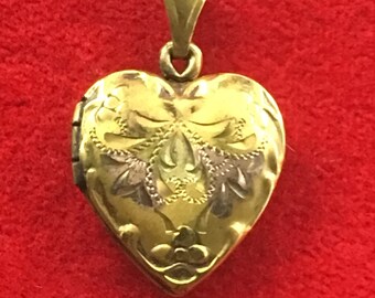 Vintage 10k Gold Filled 3/4 inch Heart Locket Necklace – Floral Etched Design