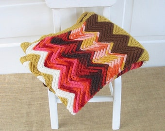 Vintage Chevron Afghan, Chevron Striped Blanket, Pink Yellow Afghan, Long Afghan