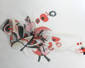Abstract red and black silk hand painted scarf. Abstract scarf. Red black white silk scarf.Ready to ship!