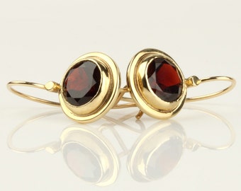 Garnet gold earrings, 14k solid gold red Garnet earrings, classic earrings, yellow gold drop earrings, January birthstone earrings