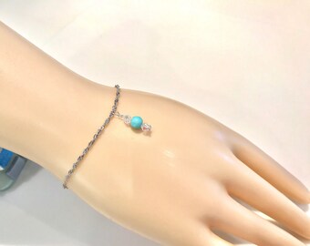 Opal Bracelet, Sterling Silver Bracelet Silver and Opal Bracelet, Silver Bracelet, Charm Bracelet, Peruvian Blue Opal,