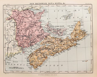 Antique Colour Map of Canada, New Brunswick, Nova Scotia. Encyclopedia Britannica, 1870s