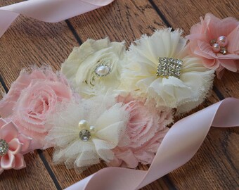 Blush pink ivory Sash , flower Belt, maternity sash, wedding sash, flower girl sash, maternity sash belt
