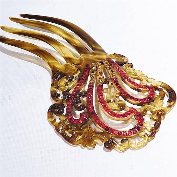 Antique Hair Comb / Faux Tortoise Shell / Celluloid Rhinestone HairComb