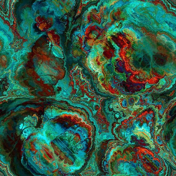 Artist Handmade Teal Green Blue Lightening Strikes Abstract Chiffon Kaftan Fabric Apparel Sheer Home Decor