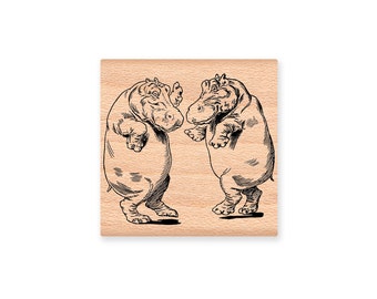 Hippopotamus Stamp Dancing Hippos Hippo Dance two hippos wood mounted rubber stamp (19-04)