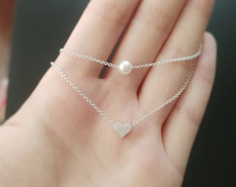 925 Sterling Silver Layered Heart and Pearl Necklace | Women Necklace