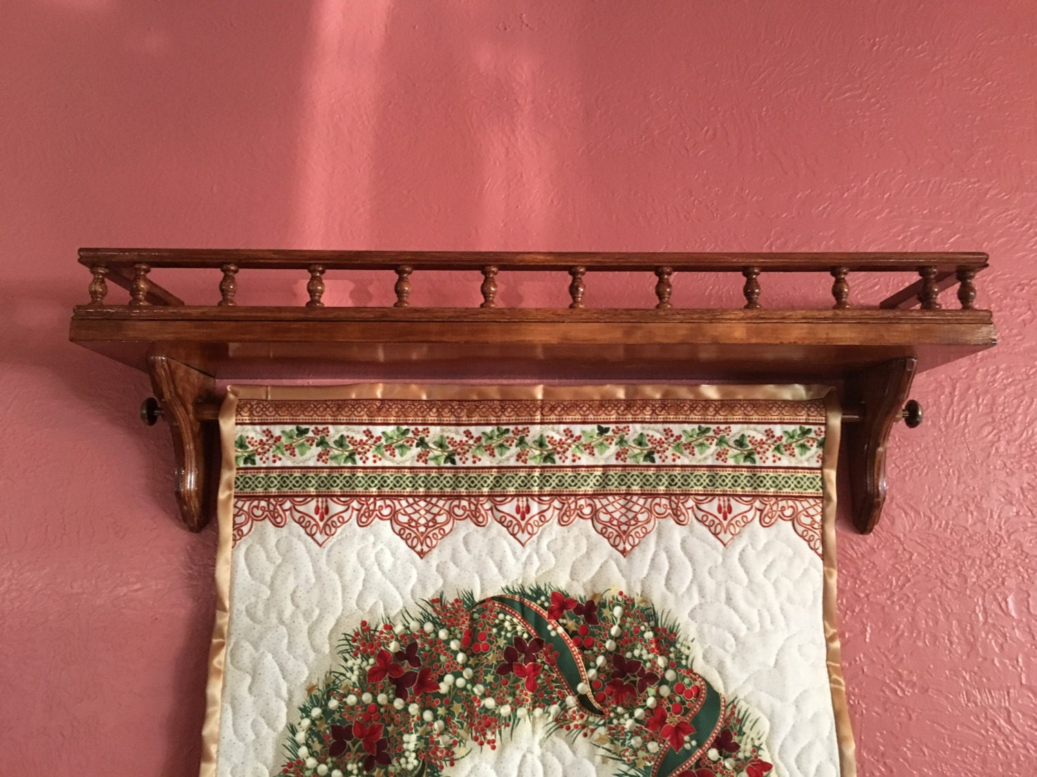 Custom Quilt Display Shelf with Rail up to 35, Wallhanging shelf