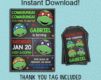 Ninja Turtle Invitation, Teenage Mutant Ninja Instant Download, Ninja Turtles Party Party, Editable PDF Template, TMNT Ninja Thank You Tags