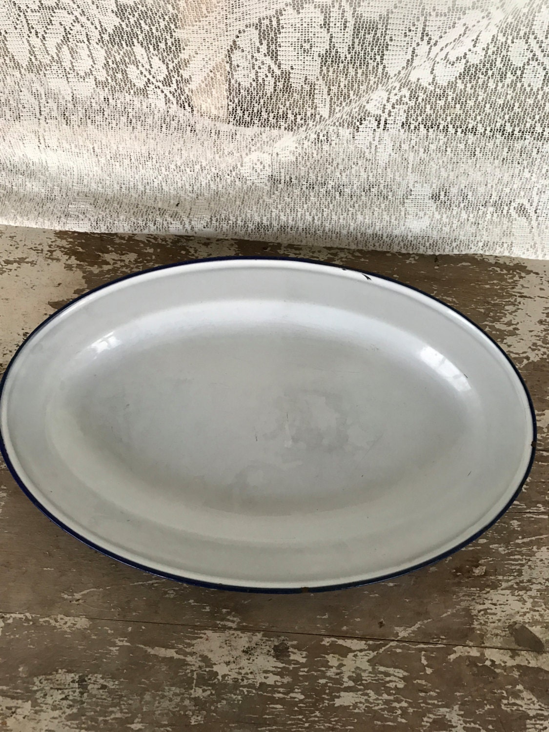 White Enamelware Platter Cobalt Rim Sweden Swedish Enamel