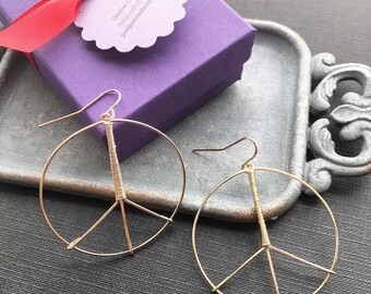 Gold Peace Sign Earrings, Peace Symbol Earrings, Hippie Festival Jewelry, Silver Peace Hoop, Gift for Activist