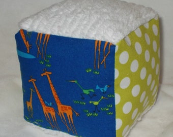 Blue Giraffes and Dots Fabric Block Rattle Toy - SALE