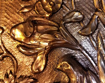 Heavy Copper Repousse Panel, Pheasants, Blossoms, Vase. Signed