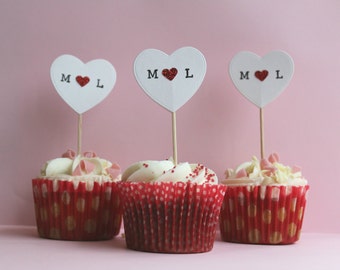 Personalised cupcake toppers, for valentines day, weddings, engagement parties, anniversaries, events & celebrations, white red and black