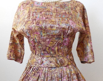 Vintage 50s Novelty Print Satin Dress Pin Up Bombshell Medium Full Skirt Party Dress