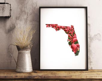 Florida + Flamingos State Outline Pattern - Wall Art - Flamingos