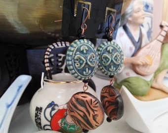 Blue Pottery Beaded Earrings with Copper Disks