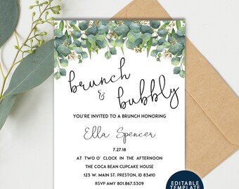 Eucalyptus Brunch and Bubbly Floral Green Bridal Shower Invitation, Instant Download, White Greenery PDF Card Invite, Printable Wedding Card