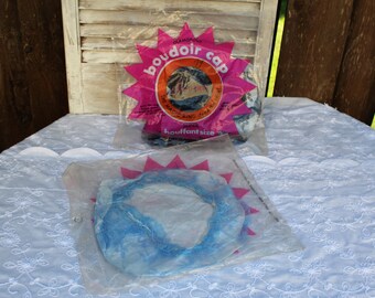 Vintage/blue/black/lace/shower/boudoir cap/bouffant size. Jac-o-net. 1950s. Two caps! Art deco/gift. Still in bag. Unopened!