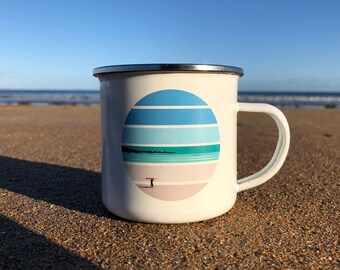 Tiree Longboarder Enamel Mug // Ocean, Sea, Surf, Scotland, Beach, waves, Surf Art, Longboard, surfboard, Sunset, Landscape, Camping Mug.