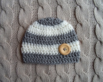 Newborn Baby Hat, Crochet Knit Cream and Gray Stripes Newborn Baby Boy Hat Beanie with a Wood Button, Ready to Ship