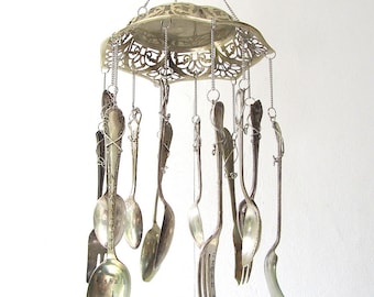 Teashop Windchime, Hand Stamped Upcycled Spoon Windchime, Vintage Cutlery Wind Chime, Handstamped Silverware