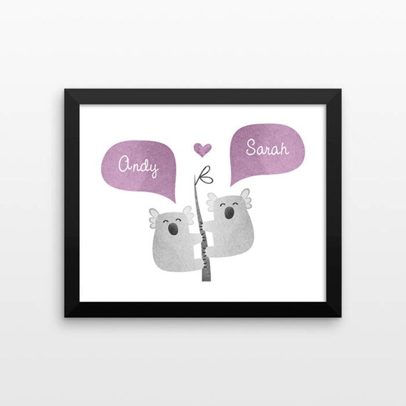 KOALA Couple Personalized Art Print, Anniversary Gift, Engagement Gift, Wedding Gift, Valentines Gift, Couples Gift, Animal Couple Wall Art