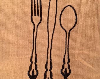 Tan & Black Kitchen Towel with Fork, Knife and Spoon