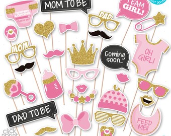 Pink and Gold Baby Shower Print Yourself Photo Booth Props - Baby Shower Printable Photo Props Set - It's a Girl Photobooth Props