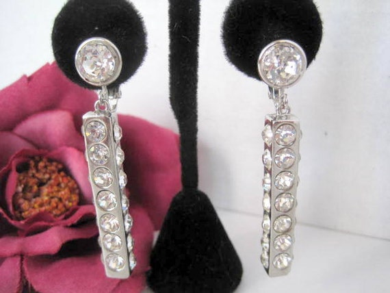 Bergere Rhinestone Earrings, Mid Century, Designer Earrings, Dangle Clip Ons