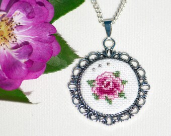 Hand Embroidered Rosa Flower Necklace Pendant