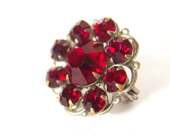 Vintage Red Rhinestone Brooch, Small, Round Pin, Jewelry